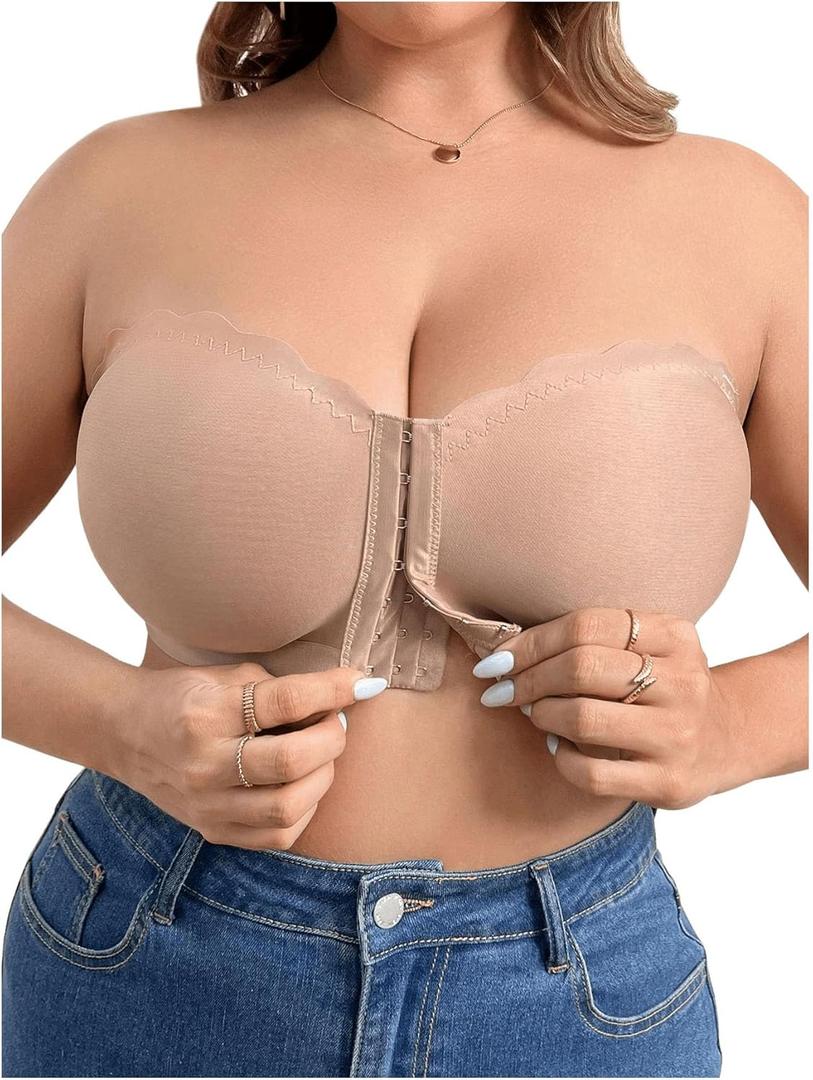 OYOANGLE Women's Plus Size Front Closure Push Up Strapless Bandeau Bra Wireless Tube Bralettes with Clear Strap (Beige)