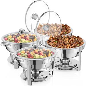 4 Packs Chafing Dish Buffet Set,8QT Round Glass Cover Stainless Steel Buffet Servers and Warmers, Thick Stand Frame Catering Chafe with Mirror Covers,Food Warmer for Party, Weddings,Picnic