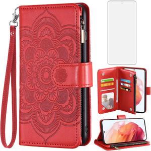 Asuwish Compatible with Samsung Galaxy S21 Glaxay S 21 5G 6.2 inch Wallet Case and Tempered Glass Screen Protector Flip Card Holder Stand Cell Accessories Phone Cover for Gaxaly 21S G5 Women Men Red
