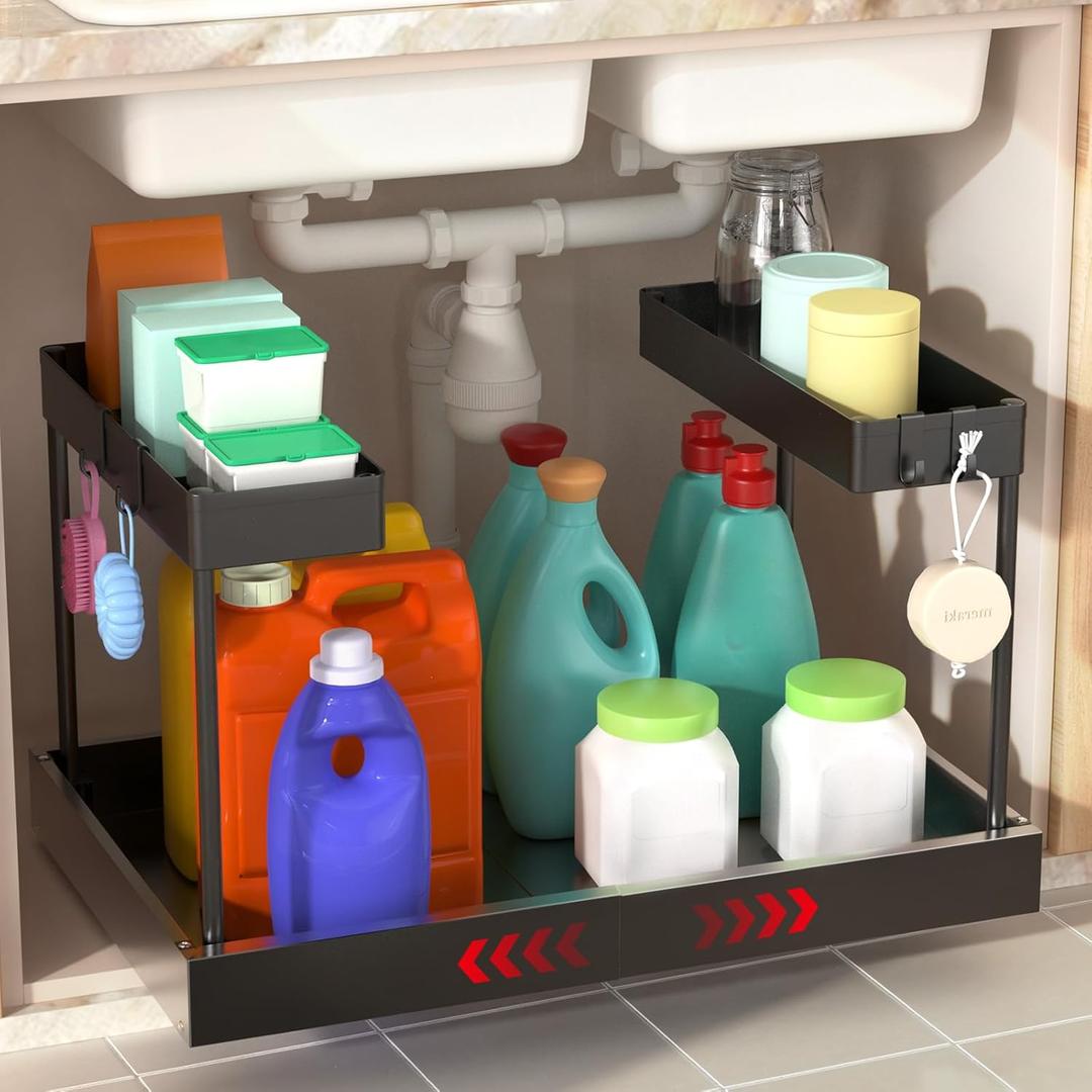 Expandable Under Sink Organizers and Storage,Width Adjustable (14.9-23.6IN),No Drill 2-Tier Pull Out Under Cabinet Organizer for Kitchen Bathroom Laundry (black)