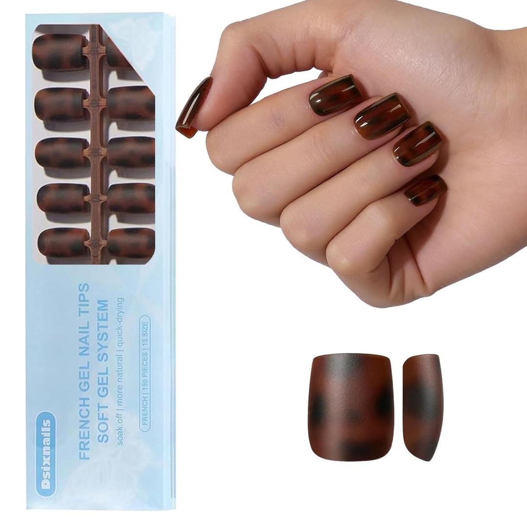 Dsixnails 150Pcs Tortoiseshell French Tip Press on Nails, Short Square Soft French Gel Nail Tips 15Sizes, Pre-Lasting Reusable Fake Nails, Salon Quality Soak Off False Nail Tips for Women Girl Gift