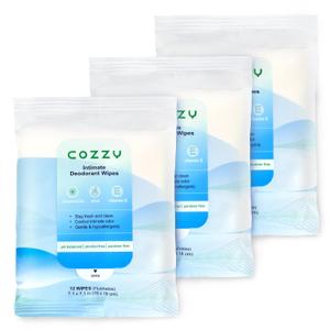 COZZY Intimate Deodorant Wipes - Flushable, Biodegradable, & Ph Balanced, Removes Odor - Gentle, All Skin Types, Alcohol Free, Paraben Free, Aluminum Free - 12 Count (Pack of 3)