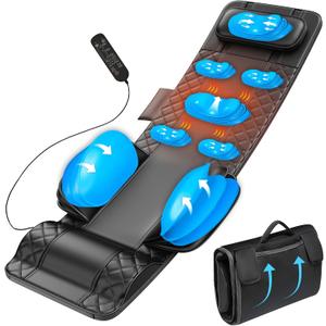 Full Body Massage Mat with Heat, 3D Stretching Back Massager Pad for Bed Sofa Floor, Lumbar & Neck Support, 4 Modes 3 Intensities 3 Heat Levels, Portable & Foldable, PU Leather, Gift for Dad/Mom