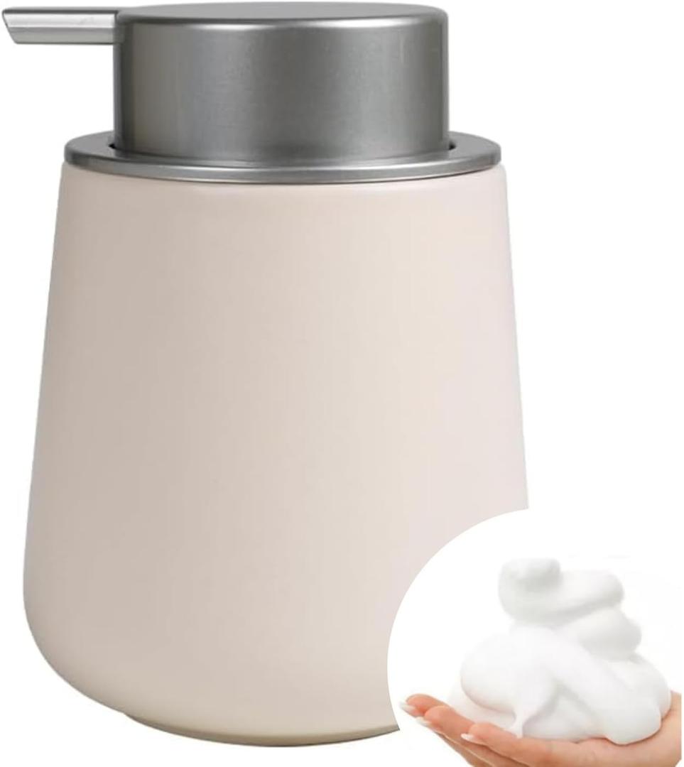 Bosilunlife Ceramic Foaming Soap Dispenser - Beige & Grey 12 oz Foam Hand Wash Dispenser Bathroom Countertop Kitchen Dish Soap Pump Dispenser Foam Soap Dispenser for Bathroom