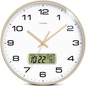 Wall Clock, 14" Dial Non-Ticking Silent Battery Operated Analog with LCD Display for Perpetual Calendar and F° Temperature, Ideal Modern Home, Bedroom, Kitchen, Office Decor (Gold)