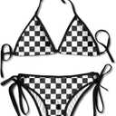 TZT Checkered Flag Sexy Boxing Bikini Women Halterneck Top and Set Swimsuits Beach Swimming, Black