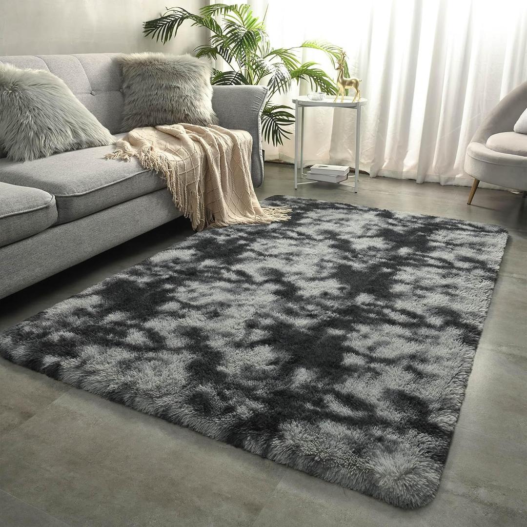 Merelax Soft Area Rugs for Livingroom Bedroom, Shaggy Plush Fuzzy Fluffy Carpet Furry Fur Rug, Modern Indoor Comfy Nursery Kids Dorm Home Decor Floor Mat, 3 x 5 ft, Tie-Dyed Black & Grey