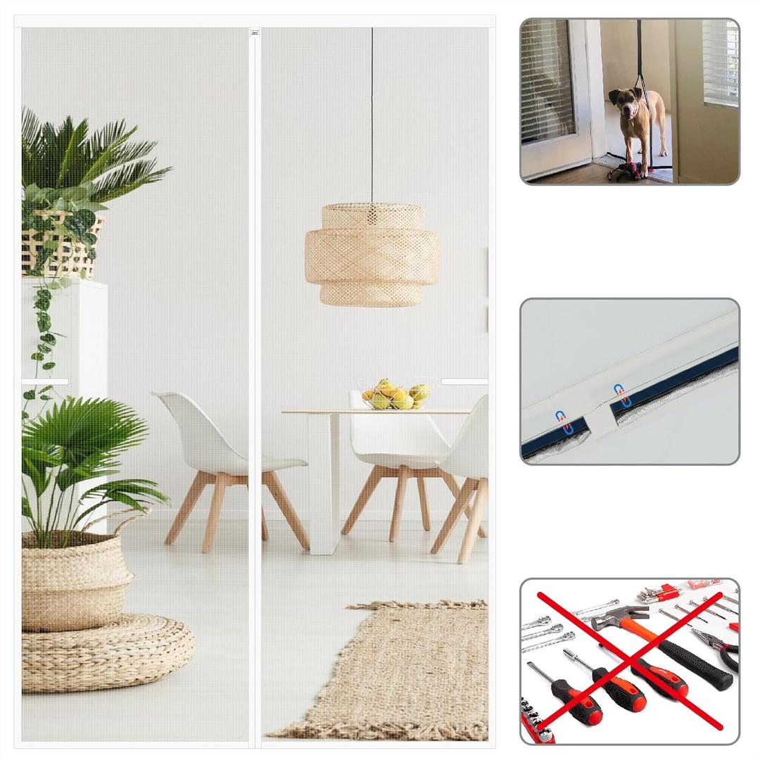 White Screen Door Mesh Magnetic Closure Heavy Duty 72 x 82 inch, Self Closing Fiberglass Mosquito Net with Magnet for Doors, Bug Fly Screens Curtain for Doorway, Keep Bugs Out, Pet Friendly