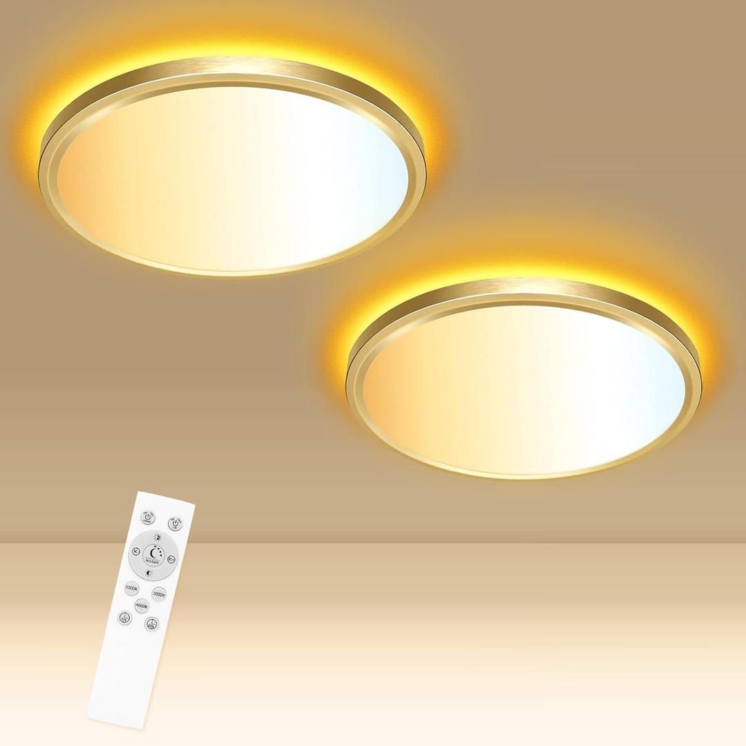 libtit 12 Inch Gold LED Ceiling Light with Night Light 1800K, 3000K/4000K/6500K Dimmable Flush Mount Lights with Remote Control, Low Profile Lighting Fixtures for Bedroom Bathroom Kitchen 2 Pack