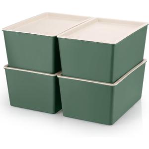 Menkxi 4 Pcs Storage Bins with Lids Plastic Stackable Containers for Organizing Shelves Christmas Ornament Box Baskets(Green,Large)