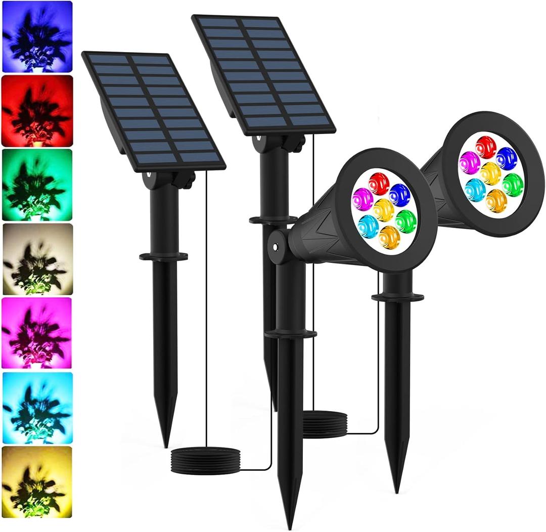 T-SUNUS RGB Solar Landscape Spotlights Christmas, Color Changing Spot Lights Waterproof IP65 Garden Pond, 180 Adjustable Halloween Wall Tree Light Separately Installed for Outdoor Indoor 2 Pack