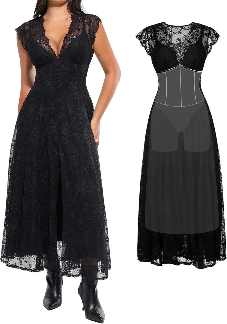 Popilush Women's Formal Wedding Guest Lace Sleeveless V Neck Maxi Shapewear Dress Evening Mother of Bride Split Dresses, Size Small (Black)