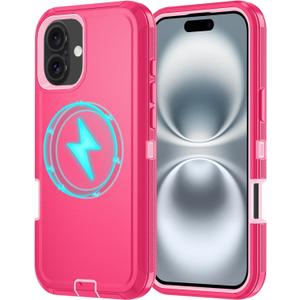 for iPhone 16 Case [Compatible with MagSafe], Heavy Duty Shockproof 3-Layer Full-Body Protection Rugged Cover, Drop-Resistant and Wireless Charging Friendly (Pink, iPhone 16)