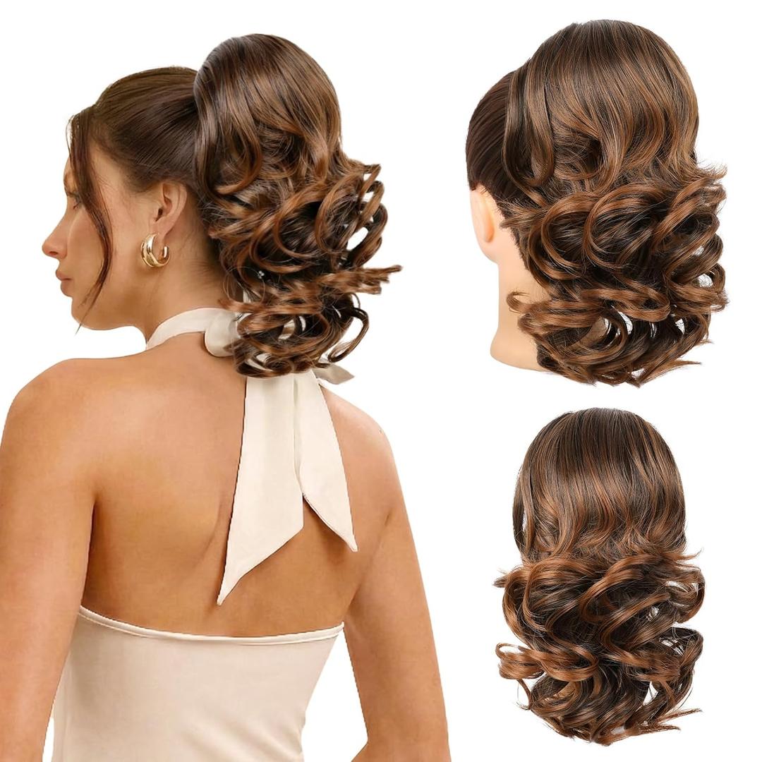 Flufymooz Ponytail Extension, 14 Inch Short Drawstring Ponytail Hair Extension for Women, Soft Synthetic Pony Tails Hairpiece for Women (Dark Brown with Cooper Red)