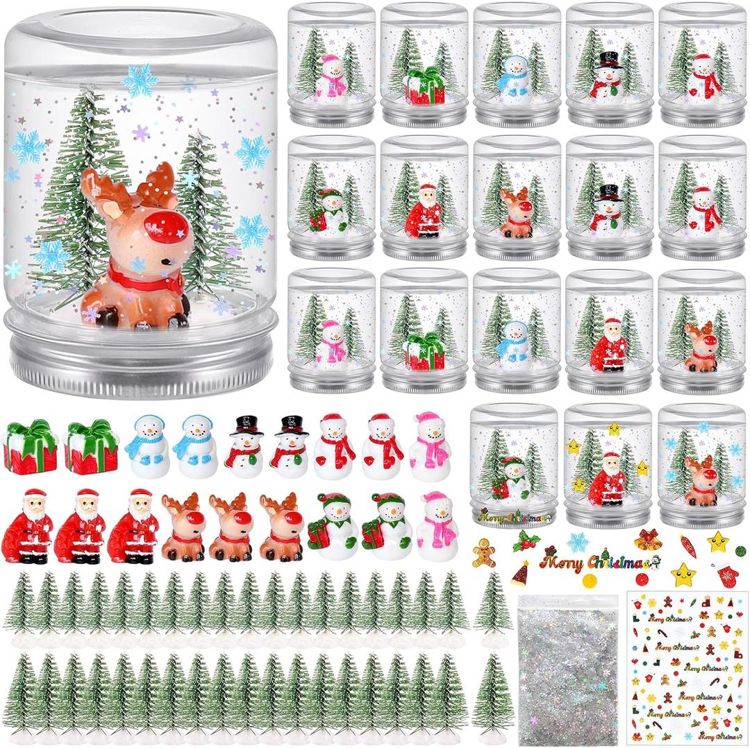 18 Pack Christmas Plastic Snow Globes Kit Includes 18 Clear Snow Globe, 36 Mini Xmas Trees, 18 Christmas fillable Ornaments, 1 Xmas Sticker with Glitter for DIY Crafts Home Winter Decor