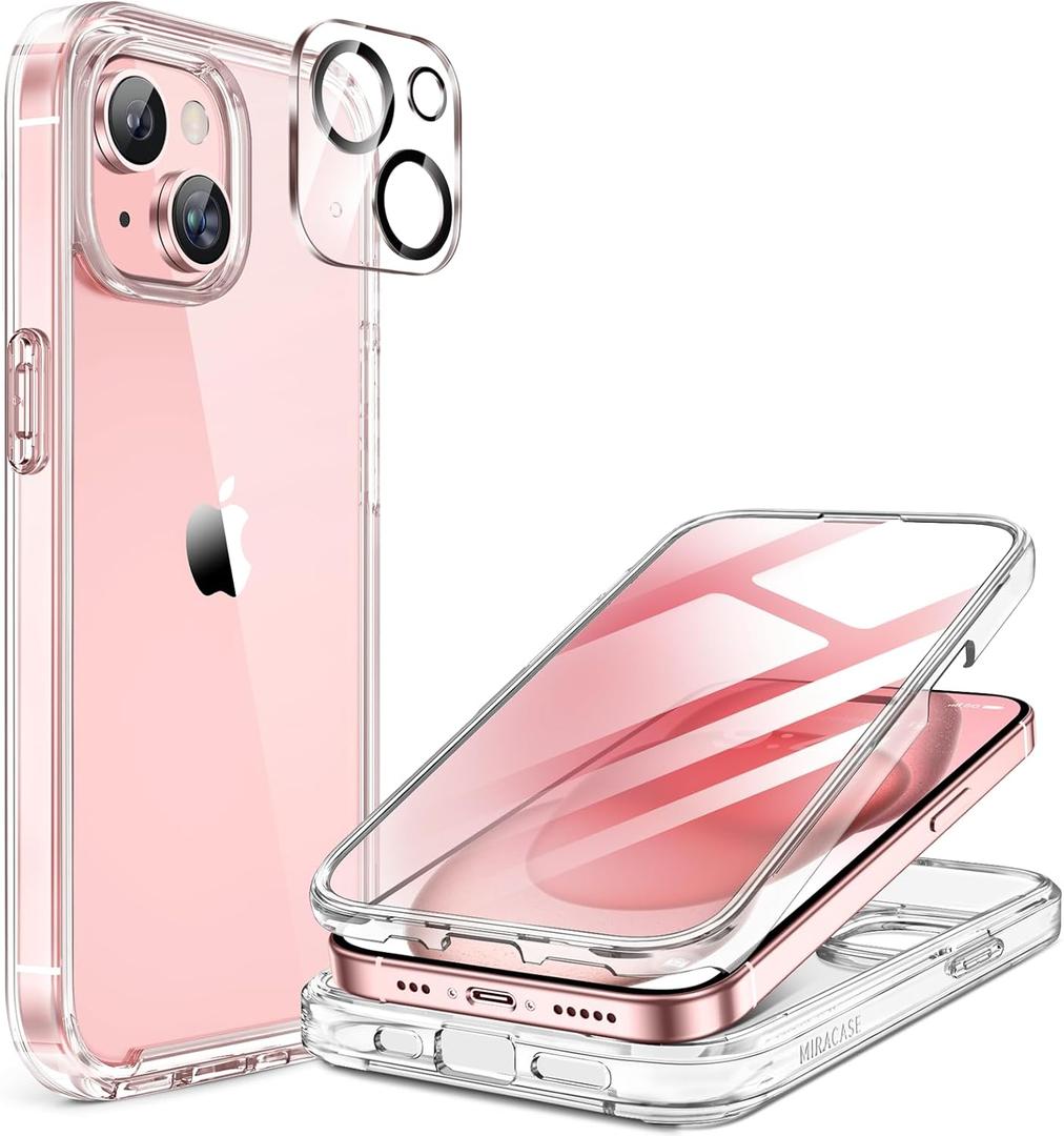 Miracase for iPhone 15 Case Clear Full-Body Built-in Glass Screen Protector &Camera Protector, Military Drop Proof 15 Phone Case 360 Degree Shockproof Protective Cover Bumper 6.1 inch, Clear
