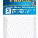 Filtrete 20x30x1 AC Furnace Air Filter, MERV 13, MPR 1900, Premium Allergen, Bacteria & Virus Filter, 3-Month Pleated 1-Inch Electrostatic Air Cleaning Filter, 2-Pack (Actual Size 19.81x29.81x0.78 in)