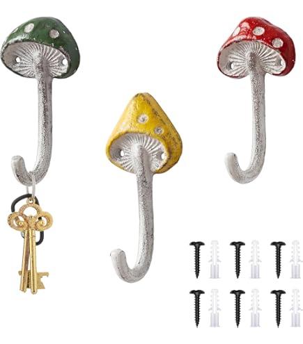 3 Pcs Mushroom Wall Hooks Decorative Iron Mushroom Shaped Hanging Hooks Wall Mounted Coat Towel Bags Hanger Key Holder for Home Bathroom Kitchen 