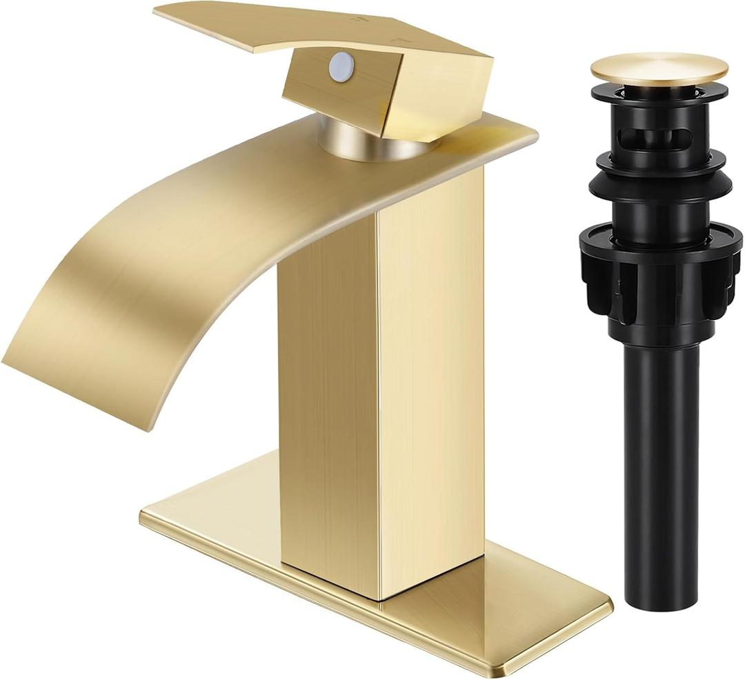 Brushed Gold Bathroom Faucets, Waterfall Bathroom Sink Faucet Modern Single Handle Bathroom Faucte 1 or 3 Hole, RV Mixer Tap Vanity Faucet - Includes Pop-up Drain Supply Hoses Deck Plate