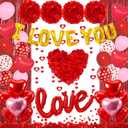 Red Valentines Day Decorations Set, I Love You Banner 1000Pcs Rose Petals Red Pink Heart Hanging Streamer Foil Balloons Paper Pompom Foil Curtain for Wedding Romantic Anniversary Party Decor