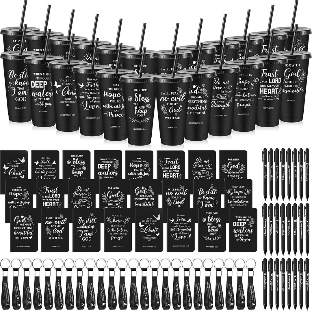 24 Set / 96 Pcs Christian Church Gifts Plastic Cups with Bible Verse Pens Keychains Notebooks for Women Men Volunteer Christian Party Gifts (Black)