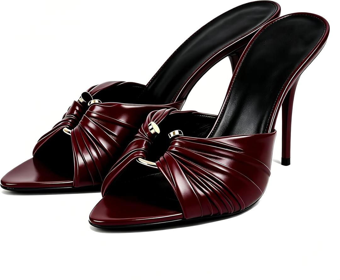 Goolita Open Pointed Toe Mule Heels For Women Slip On Stiletto Heels Ruched Heeled Sandals Sexy Backless Party Heeled Slide Sandals, Burgundy (US 7.5)