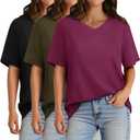 GAYHAY 3 Pack V Neck T Shirts for Women - Casual Loose Fit Spring Summer Tops Trendy Soft Short Sleeve Basics Tees 2025 (Medium, Black/Army Green/Purple)