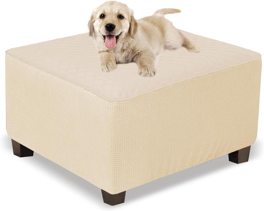 NeColorLife Square Ottoman Cover Waterproof Ottoman Slipcover Thick Storage Footrest Stool Covers Furniture Protector for Pets(Medium Size,Khaki)