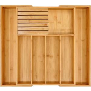 VaeFae Bamboo Silverware Drawer Organizer Kitchen, Expandable Utensil Organizer with Knife Block, Cutlery Tray with Divider, Multifunctional Wooden Drawer Organizer (Large, Natural)