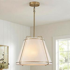 Modern Pendant Light Fixtures with White Tapered Fabric Shade, 16" Drum Pendant Hanging Light, 3-Light Gold Chandeliers for Kitchen Island, Dining Room, Entryway, Foyer, Bedroom