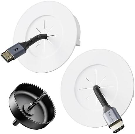 VCELINK in Wall Cable Management Kit with Hole Saw Drill Attachment and Mounting Brackets, Hide TV Cords for Wall Mount, Cable Wall Plate for Network, HDMI, Coax, Speaker Cables, White, Pack of 2