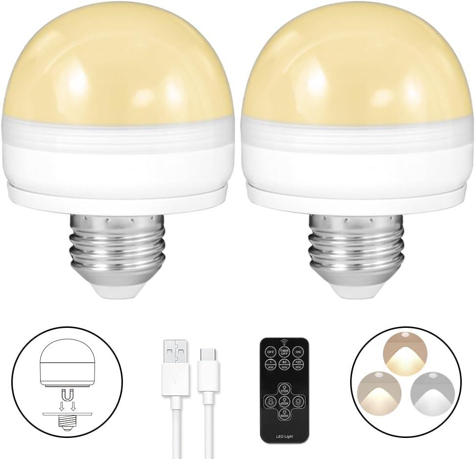 BLUEYE Rechargeable Light Bulbs,2Pack,10W,Remote Control,Soft Warm 2700K-6000K,50W Equivalent,450Lumens,E26 Detachable Charging,Battery Operated Emergency Lamp for No Outlet
