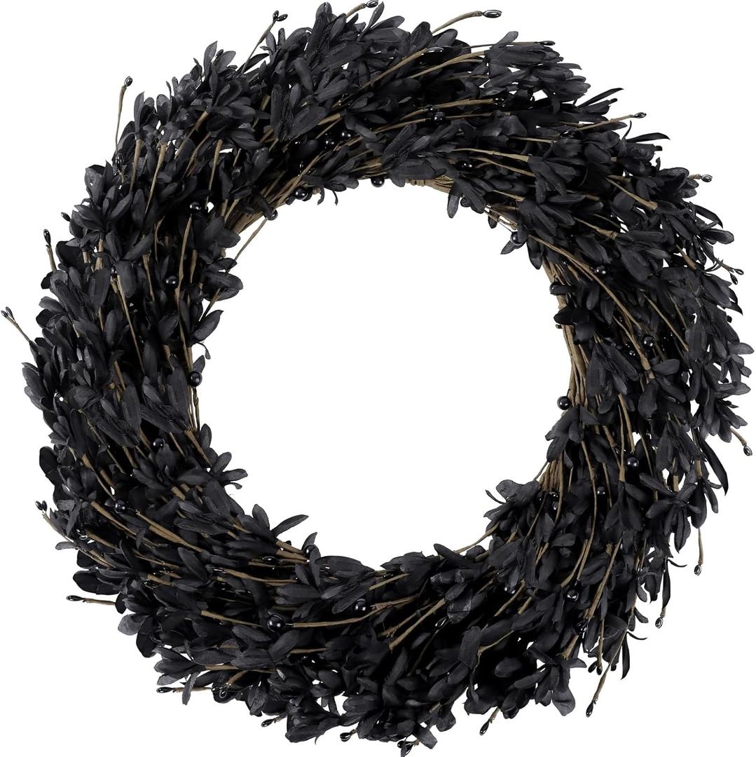 20'' Artificial Forsythia Wreath Spring Summer Fall Winter Wreaths for Front Door with Berries Silk Leaves Wreath for Halloween Decorations Porch Wall Window Indoor Outdoor Home Decor (Black)