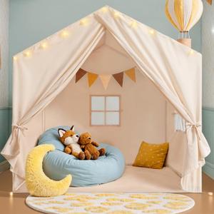 Little Dove Kids Tent, Play Tent with Star Lights, Large Play Tents with 2 Windows, Kids Playhouse Indoor & Outdoor, Reading Nook, Christmas Toddler Tents for Girls & Boys, 52" x35" x 51", Cream (Beige)