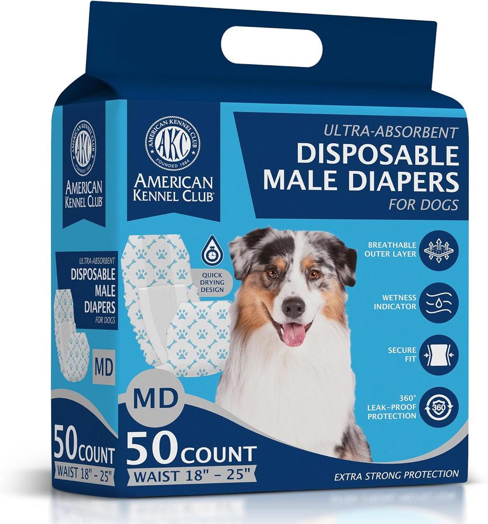 American Kennel Club Male Dog Wrap, Disposable Diapers with Wetness Indicator, Medium, 50 Count (Medium Waist 18 - 25 in)
