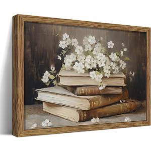 Vintage Book Wall Art, Rustic White Floral Botanical Canvas Wall Decor Paintings, Small Retro Flower Bookish Artwork Prints Pictures for Library Reading Bedroom Living Room 8x10 Inch Framed
