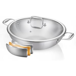 DELARLO Tri-Ply Stainless Steel Wok Pan With Lid, Fast & Even Heat 12Inch Large Frying pan, Induction Saute Pan, Dishwasher Safe Cooking Pan,Induction,Broiler Safe 600 (12"Double Handle)
