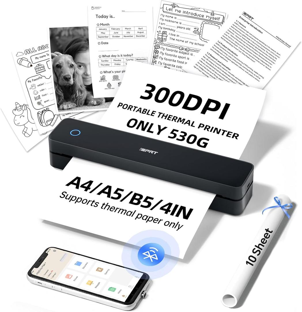 iDPRT MT610Pro Portable Thermal Printer, 300DPI HD Mobile-Travel-Printers, Inkless-Wireless-Small-Printer for Home Use, Office, Vehicles, Bluetooth Printers Supports 8.5" x 11" US Letter&A4&A5, Black