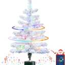 2FT Musical Rotating Snow Flocked Prelit Small Christmas Tree, White Tabletop Christmas Tree with 50 LED Lights, Battery or USB Cable Operated, Timer, Xmas Tree for Holiday Decoration