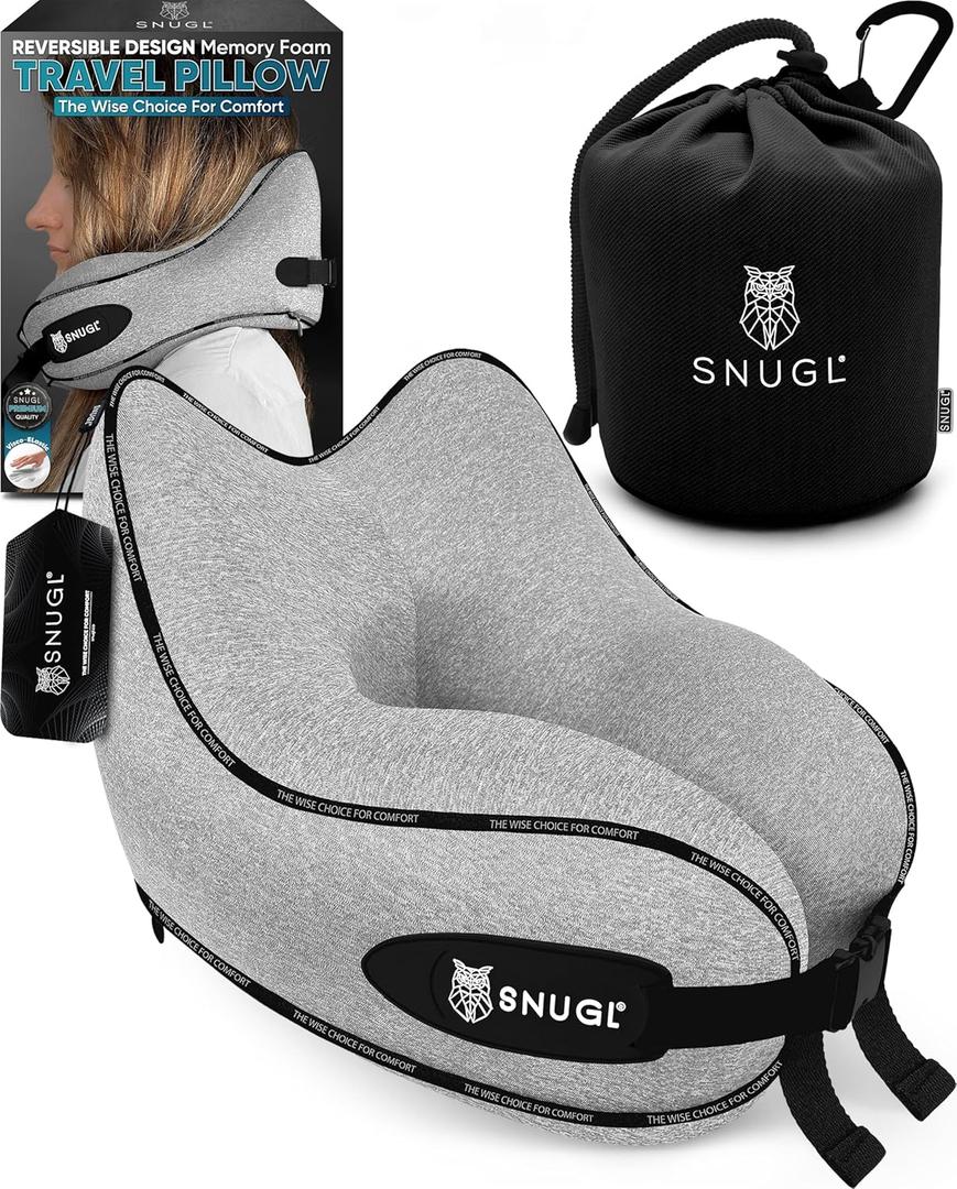 SNUGL Travel Pillow  Memory Foam Pillows - Neck Pillow for Airplane with Carry Bag & Clip  Neck Support Pillows for Pain Relief - Airplane Travel Essentials (Adult Small - Grey)