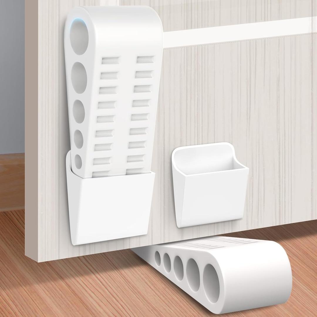Rubber Door Stoppers for Bottom of Door - 4 Pack Door Stop Wedge with Holder Heavy Duty Doorstop for Home Office Classroom Garage Stackable on Multi Floor Carpet Concrete Tile Linoleum & Wood White
