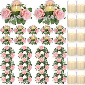 Yunlly 12 Pcs Rose Candle Rings with Flameless Candles Sets, Artificial Flower Eucalyptus Wedding Centerpiece 3 Inch Pillar Candleholders Wreaths for Wedding Party Mother's Day (Pink)