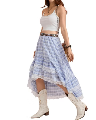 Verdusa Women's Western Cowgirl Lace Skirt Boho Asymmetrical Skirts Country Concert Outfits Blue and White 4X-Large
