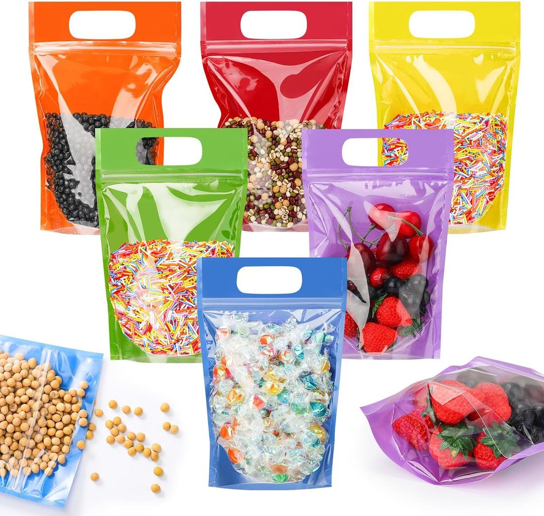 120 Pcs Plastic Gift Bag Bulk 5.5 x 8.7 Inch Resealable Party Goodie Bag with Clear Window Color Favor Pouch with Handle for Home Birthday Wedding Party Candy Gift Wrap Supply(Clear)