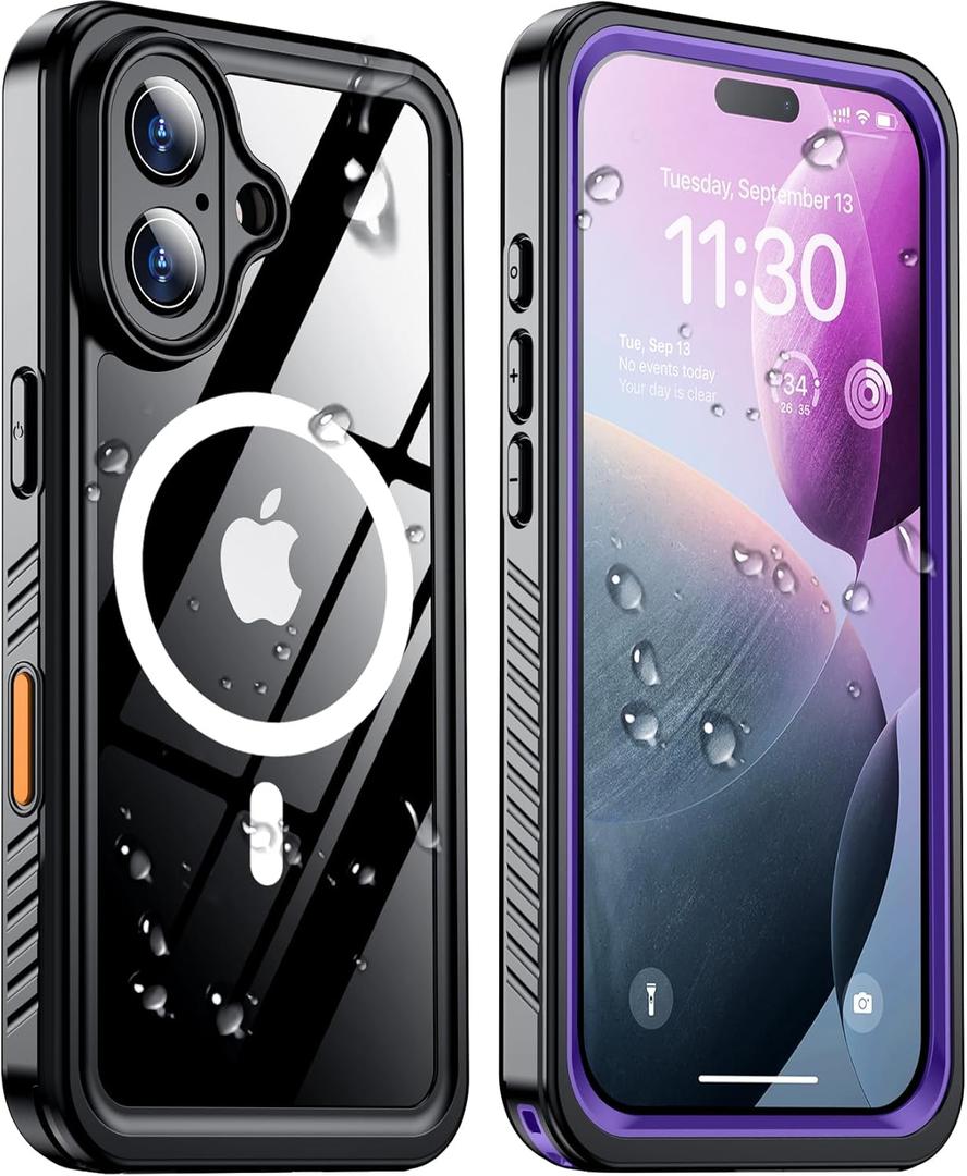 Temdan Magnetic for iPhone 16 Plus Case Waterproof,Built-in Screen Protector[IP68 Underwater][Upgrade Military Dropproof][Compatible with MagSafe] Full Body Shockproof Translucent Case 6.7''-Purple