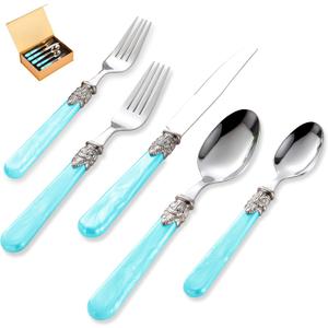 Caitlyn 20 pieces 18/10 Stainless Steel Silverware Sets With Blue Handle,Vintage Cutlery Sets,Sliverware set Service for 4,Dishware Safe (20, Blue)