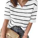 Saodimallsu Womens Summer Short Sleeve Sweater Tops Striped V Neck T Shirts Casual Loose Fit 2025 Trendy Knit Top (White)
