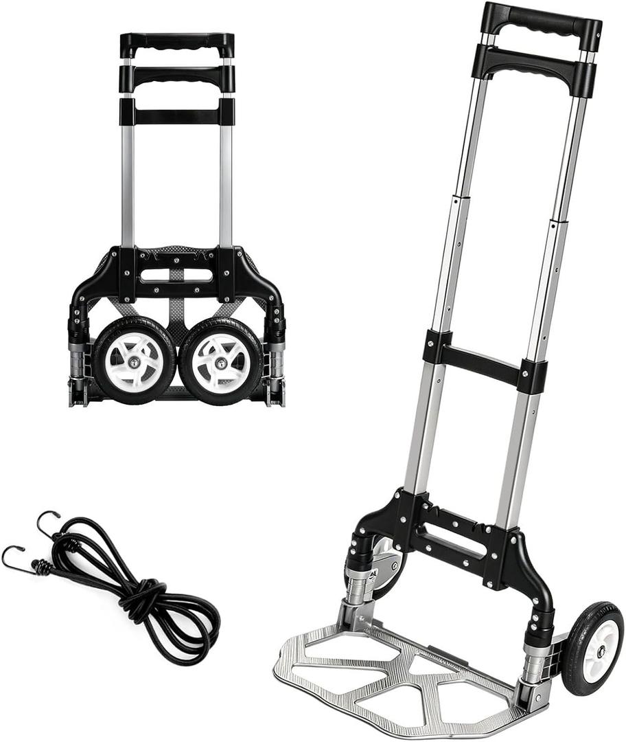 Folding Hand Truck Dolly Aluminum Foldable Hand Trolley Luggage Cart Max 175lbs Capacity Dolly Cart, with Telescoping Handle and Rubber Wheels, Double Bearings