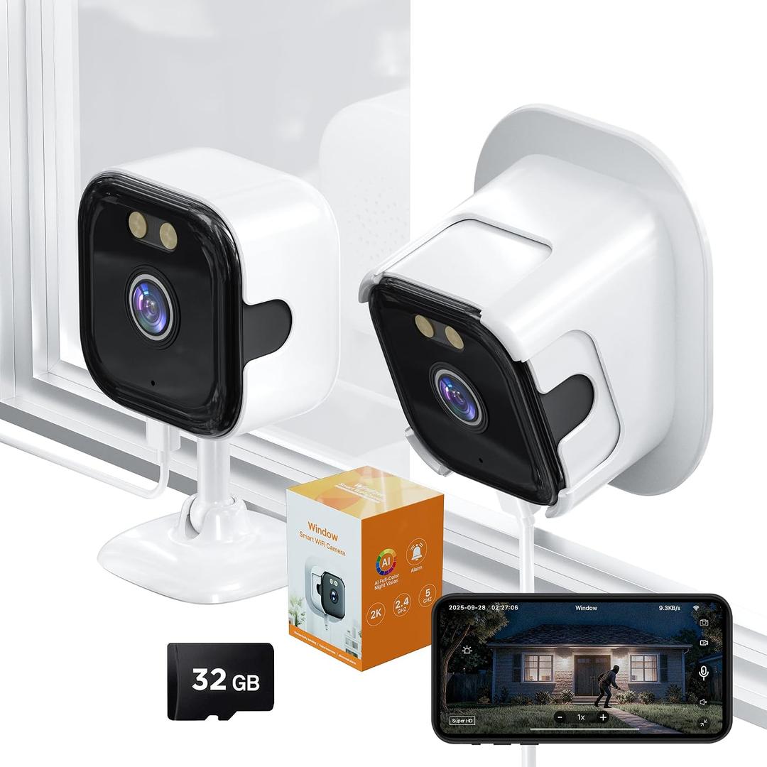 2K Window Camera with 32GB SD Card, AI Night Vision 5G/2.4G WiFi Window Camera for Home Security, AI Window Anti-Glare & Motion Detection & APP 20+ Siren, Two-Way Audio Talk - 1 Pack