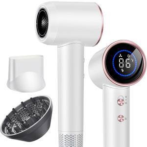 Hair Dryer with Diffuser,High Speed Ionic Blow Dryer 500 Millions Negative Ionic Low Noise,Magnetic Attachments,Thermo Control for Home Travel Salon White